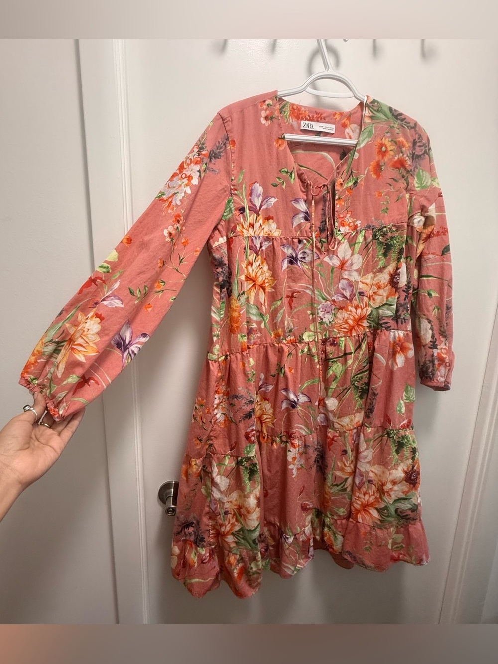 Zara Coral 100% Cotton Floral Tiered Mini Dress